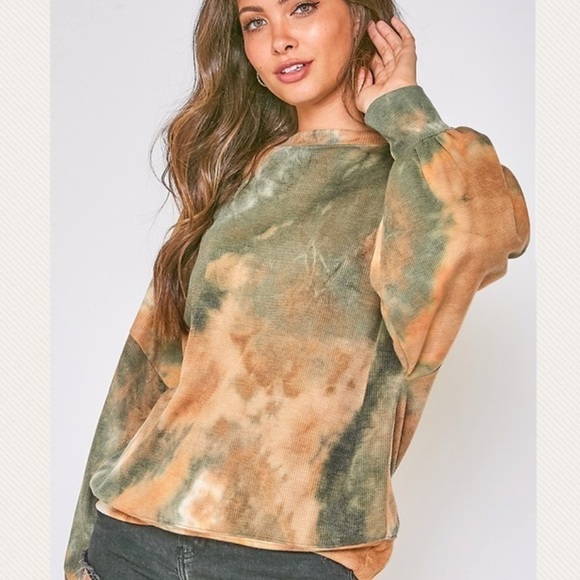Olive/camel Tie Dye Waffle Knit Shoulder Top - Picture 1 of 14